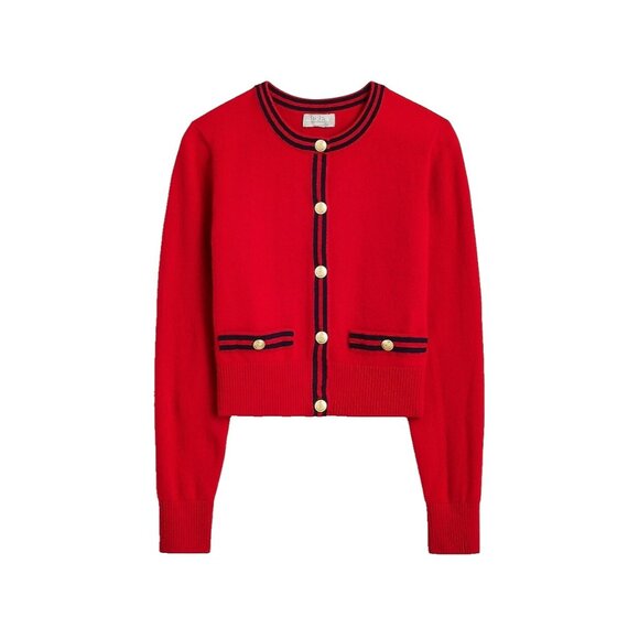 NWT J.Crew Cashmere Sweater Lady Jacket in Cardinal Red Navy Contrast Trim L - Picture 1 of 7